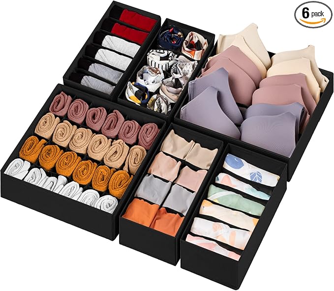 6 Pack Sock Underwear Drawer Organizer Dividers, 58 Cell Foldable Fabric Dresser Closet Organizers and Storage Bins for Clothing, Baby Clothes, Bra, Panty, Scarf, Ties (Black)-CasaMuseHome