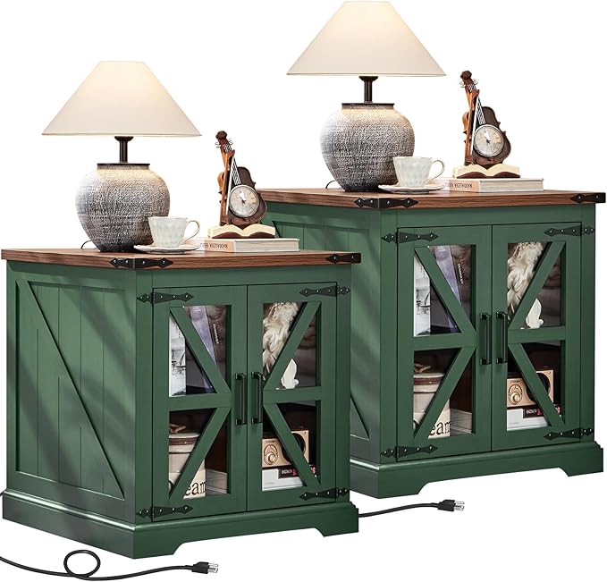 24" End Table Set of 2 with Charging Station, Farmhouse Night Stand with Glass Barn Door, Nightstands with Adjustable Storage Shelf, Large Wood Square Bed Side Table for Living Room, Bedroom-CasaMuseHome