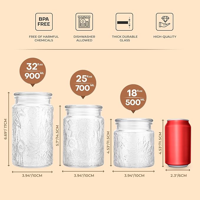 32oz Vintage Glass Jar With Lid, Glass Storage Containers, Airtight Kitchen Storage Containers For Sugar, Coffee, Tea, Spice, Flour, Candy Cookie, Pasta, Cereal, Cute Decorative Jars-CasaMuseHome