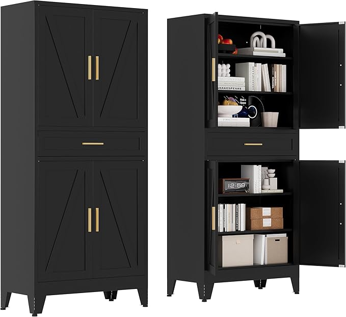 71 "Farmhouse Metal Filing Cabinet with a Drawer and 4 Adjustable Shelves, with 4 Large barn Door White Kitchen Cabinets, Metal Food Cabinets for Home, Kitchen, Dining/Living Room (Black)-CasaMuseHome