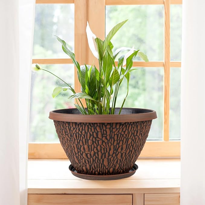 4 Pack Plant Pots Outdoor Indoor, 8 Inch Small Flower Pots with Drainage Hole & Tray, Thickened Plastic Outdoor Planters for Garden House Decor - Pebbles Pattern Design-CasaMuseHome