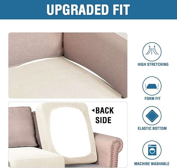 H.VERSAILTEX Super Stretch Individual Seat Sofa Covers Couch Slipcover Sets Thick Jacquard Textured Twill Fabric (3 Piece XL Sofa Cushion Covers, Natural)-CasaMuseHome