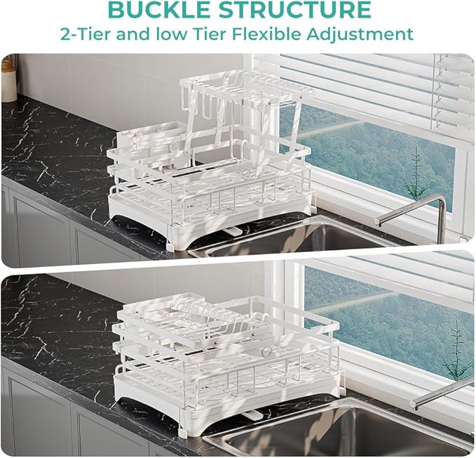 2 Tier Large Dish Drying Rack - Extendable Dish Rack, 2-in-1 Anti-Rust Stainless Steel Dishrack for Kitchen Counter and Sink, Dish Strainer with Utensil Holder & Cup Holder(White)-CasaMuseHome