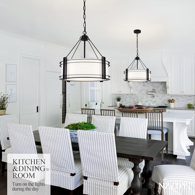 16.3''Black Drum Chandelier 3-Light Modern Farmhouse Chandelier with White Fabric Shade Adjustable Drum Pendant Light Fixture for Dining Room Kitchen Island Hallway Living Bedroom-CasaMuseHome