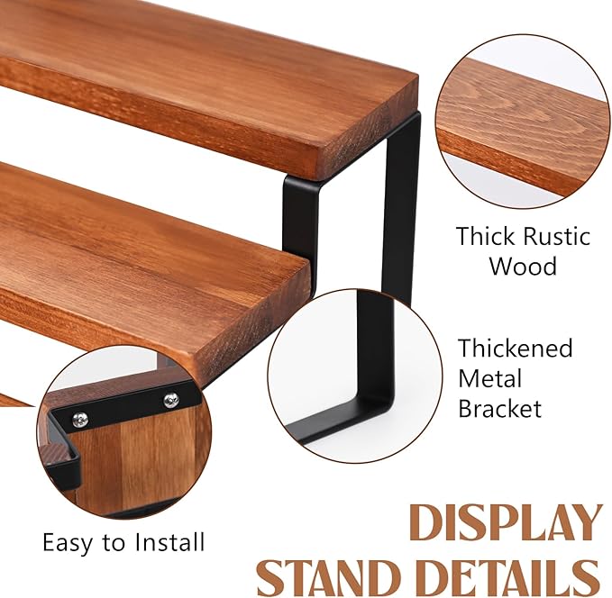 3 Tier Wooden Display Riser Stand Perfume Organizer with Metal Stand, Dessert Table Display Set, Food Display Stands for Party, Brown Rustic Solid Wood Shelf for Cupcakes, Perfume, Cologne, Spiece-CasaMuseHome