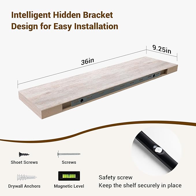 36 Inch Floating Shelves, 3D Textured Wood Grain, 36"x9.25"x1.5" Inch Deep Floating Shelves for Wall, Wooden Shelves for Bathroom, Bedroom, Living Room, Washed White-CasaMuseHome