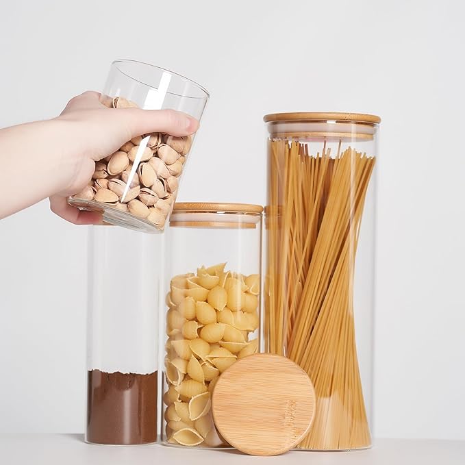 73oz Glass Pasta Storage Jars, Tall Glass Jars with Bamboo Lids, Spaghetti Container, Set of 3, Kitchen Storage Containers for Pasta, Pantry Organizers-CasaMuseHome