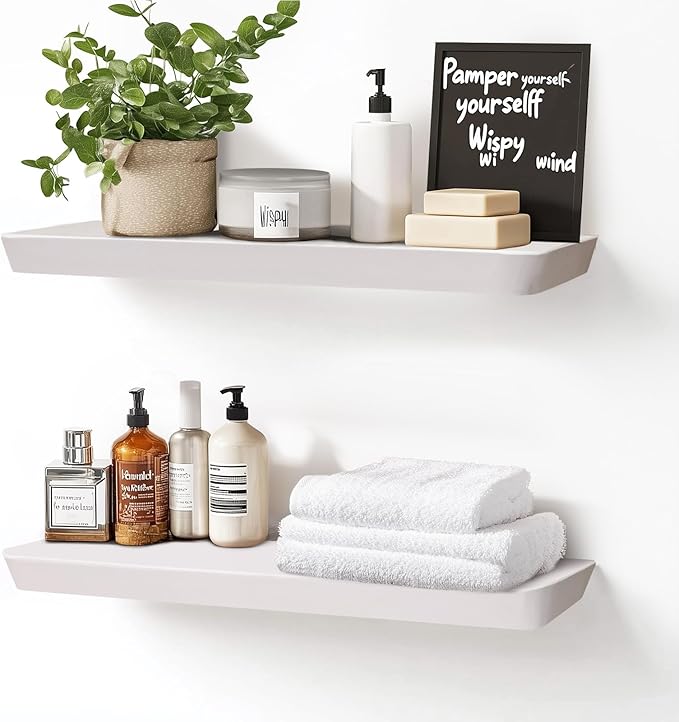 24"x6.8"x1.6" Slanted Floating Wall Shelves 2-Pack - Rustic White Finish, Heavy-Duty Solid Wood Design with Hidden Brackets - Perfect for Living Room, Kitchen, Bathroom, or Office-CasaMuseHome