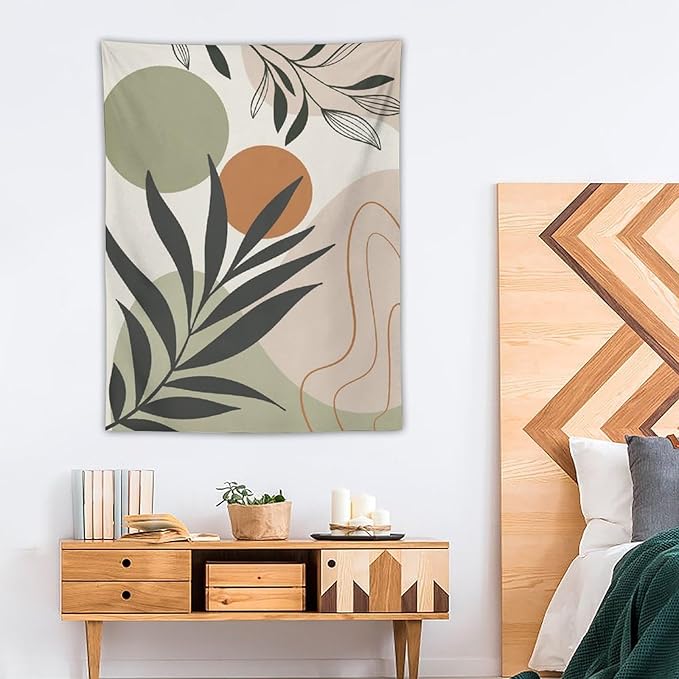 Abstract Bohemian Mid Century Tapestry, Tropical Leaves Modern Geometric Archway Minimalist Bohemian Botanical Aesthetic Wall Hanging, Sage Green Gold Home Decor Art for Bedroom 50x60 Inch-CasaMuseHome