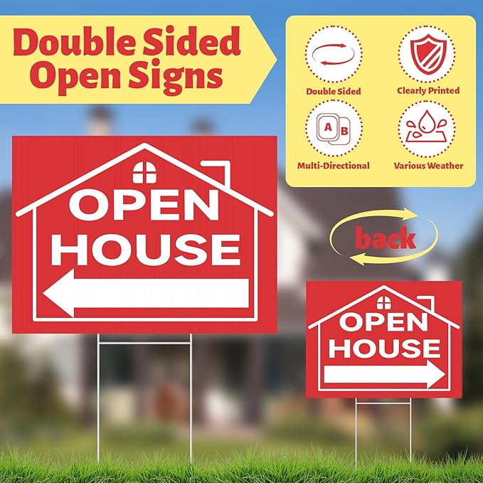 44 Pcs Open House Signs for Real Estate Agent Supplies, Double Sided Open House Flag with Poles Kit, 7.6 x 5.4 Ft Red Opening Sign Banner Set, 5 Pack Yard Signs with Metal Stakes 30 Balloons-CasaMuseHome