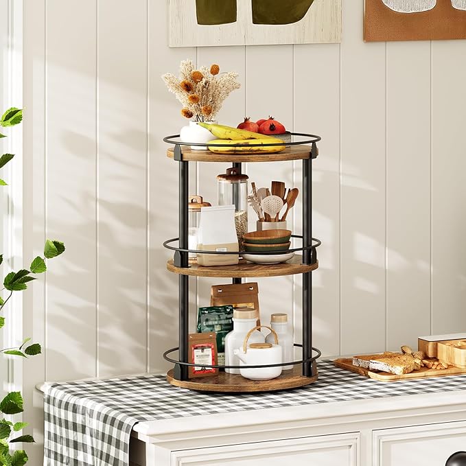 3-Tier Lazy Susan Organizer, Rotating Spice Rack, Spinning Organizer, Industrial Turntable Spice Rack Organizer for Cabinet, Kitchen Countertop, Pantry, Rustic Brown and Black SR23BR-CasaMuseHome