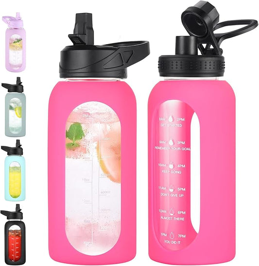 32 oz Glass Water Bottle with Straw and Handle, Sports Motivational Water Flask with Silicone Sleeve, Large Leakproof Water Flask Cup with Time Marker for Travel, Gym, Hot Pink-CasaMuseHome