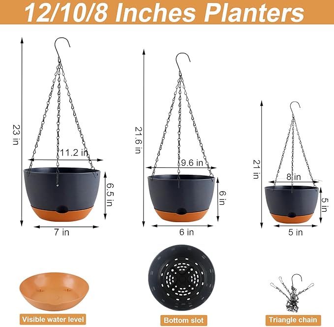 8/10/12 inch Plant Pot Hanging Planters Self Watering Pots for Indoor Plants, 3 Pack Plastic Hanging Basket with Removable Tray for Home Garden Porch Balcony Patio Decor(Black)-CasaMuseHome