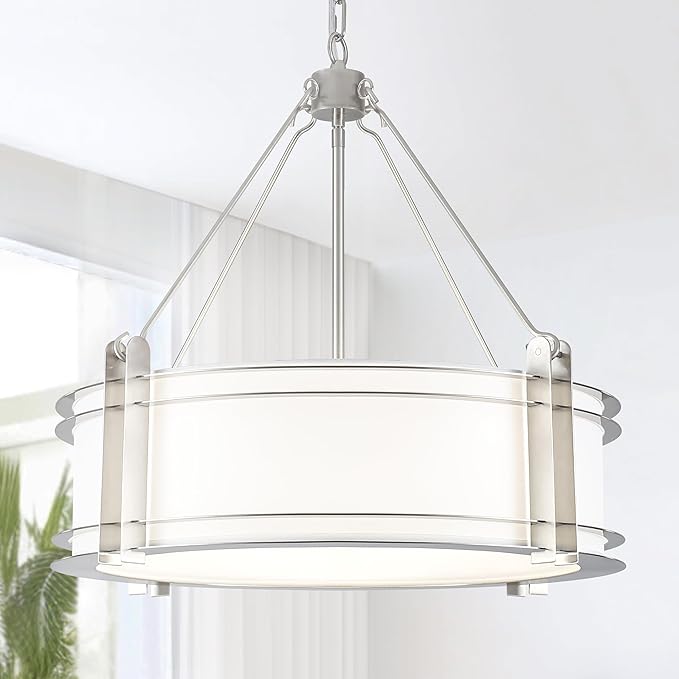 20.4''Drum Chandelier,5-Light Brushed Nickel Modern White Fabric Chandeliers,Farmhouse Round Pendant Light Fixture for Dining Room Kitchen Island Living Room Bedroom Hallway-CasaMuseHome