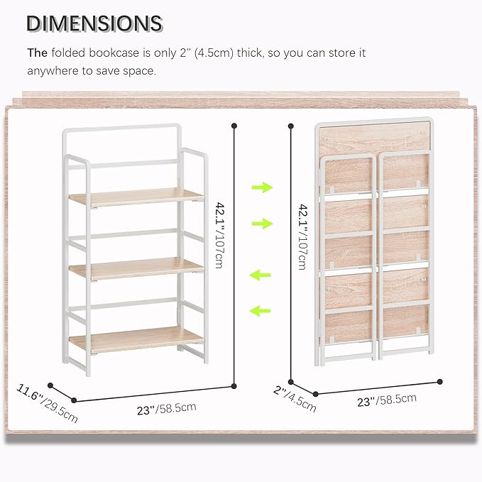 4NM No Assembly Foldable Bookshelf, 3-Shelf Collapsible Bookcase Storage for Small Spaces, 42.1" H, Natural White-CasaMuseHome