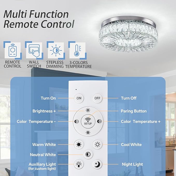16.5 Inch Dimmable Chandelier with Remote Control LED Crystal Chandelier Modern Flush Mount Ceiling Light Fixtures for Living Room Bedroom Dining Room Entrance (dimmable-16.5")-CasaMuseHome