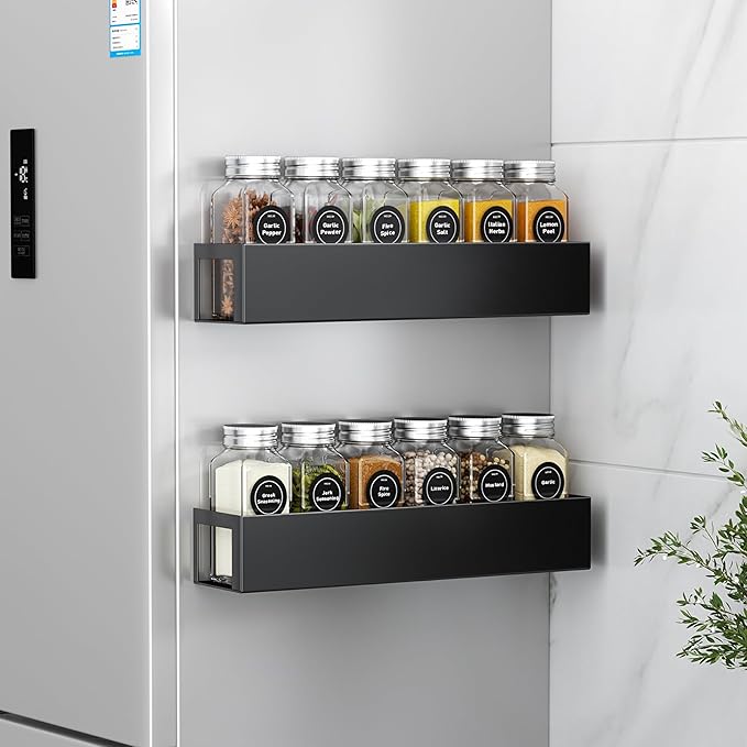 2 Pack Magnetic Spice Rack with 12 Spice Jars, Spice Labels, Magnetic Spice Organizer Shelf for Refrigerator, Microwave, Seasoning Organizer for Kitchen, Spice Jars with Label and Organizer Rack-CasaMuseHome