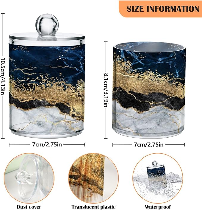2 Pack Qtip Holder Dispenser Navy Blue Marble Bathroom Storage Canister Lid Acrylic Plastic Apothecary Jar Set Vanity Makeup Organizer for Cotton Swabs/Pads/Floss-CasaMuseHome