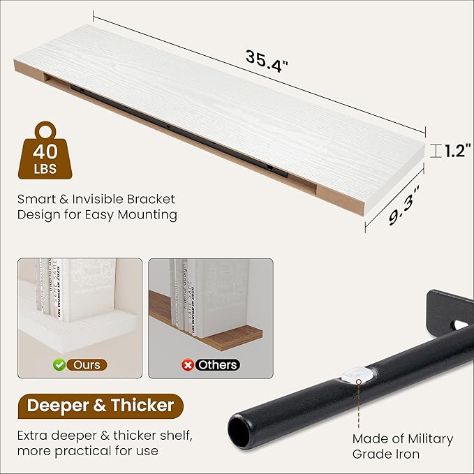 36 Inch Floating Shelves, 9.3 Inch Deep Rustic Wall Shelves - Extra Deeper Wall Mounted Storage Shelves for Bathroom, Kitchen, Living Room (White, Set of 2)-CasaMuseHome