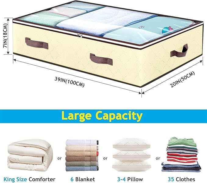90L Under Bed Storage Containers, Underbed Toy Organizers and Clothing Storage Bags, Closet Storage Bins with Clear Window for Organizing Blanket Comforter Bedding Clothes Bedroom Dorm, 2 Pack Beige-CasaMuseHome