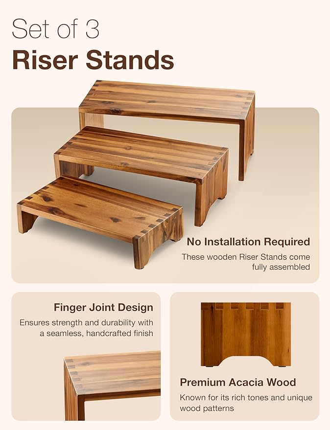 Acacia Wood Risers Display Stands Set of 3 - Wooden 3 Tier Cupcake Stand - 3 Tiered Riser for Vendors - Decorative Display Risers for Food Desserts Stand, Perfume, Funko POP at Party Wedding-CasaMuseHome