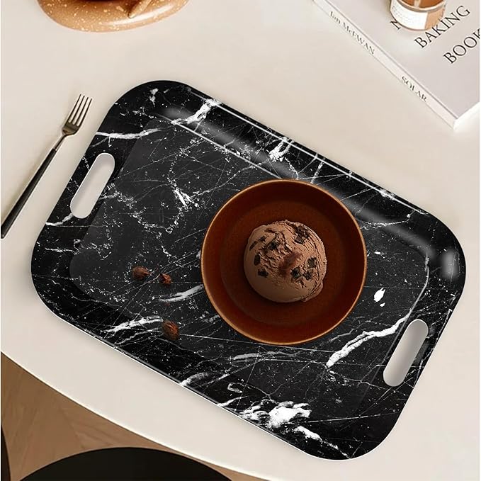 Serving Trays with Handles, 14.5 x 9.8 inch Rectangular Plastic Tray for Restaurant, Kitchen, Black Marble-CasaMuseHome