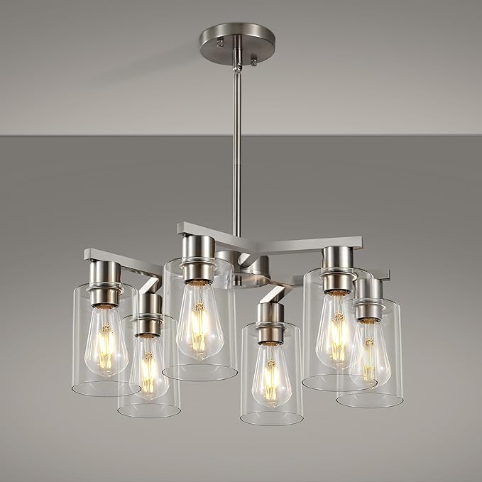 6-Light Farmhouse Brushed Nickel Chandelier,Modern Chandeliers for Dining Room Light Fixture Over Table,Adjustable Hanging Industrial Rustic Pendant Lights Kitchen Island Light with Clear Glass Shade-CasaMuseHome