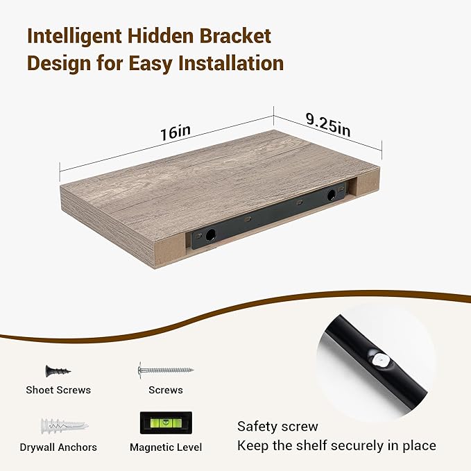 16 Inch Floating Shelves, 3D Textured Wood Grain, 16"x9.25"x1.5" Inch Deep Floating Shelves for Wall, Wooden Shelves for Bathroom, Bedroom, Living Room, Vintage Gray Oak-CasaMuseHome