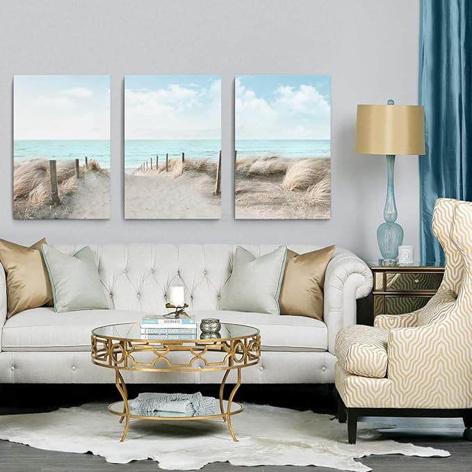 3 Piece Large Canvas Bedroom Wall Art Beach Blue Sea Blue Sky Print Picture Framed Wall Decor for Living Room Bathroom Modern Home Decor Artwork Ready to Hang Coastal Wall Decorations Size 16x24x3-CasaMuseHome