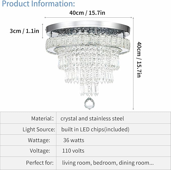 16“ Crystal Chandeliers Round Modern LED Chandelier Light Flush Mount Ceiling Light Fixtures with Remote Control for Bedroom Living Room Dining Room (dimmable)-CasaMuseHome