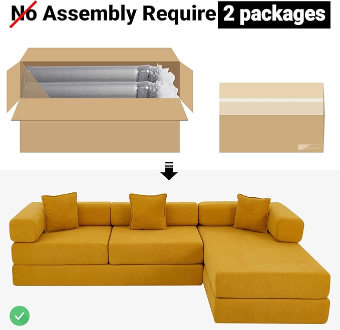 108" Oversized Convertible Sleeper Sofa Bed, Corduroy L Shape Sectional Couch, Folding Sofa Bed with Side Pocket, Modern Cloud Floor Mattress Couch, Modular Sofa for Living Room, Yellow-CasaMuseHome