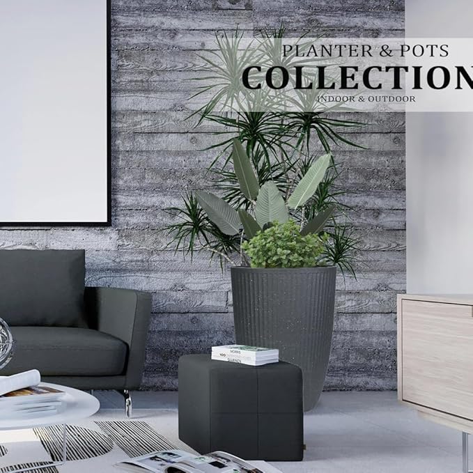 2 Pcs Pack 15 Inches Heavy Duty Plastic Resin Tall Tapered Planter Pots Large Round Planter Flower Pot with Drainage Hole for Indoor Outdoor Deck Porch Garden Home Patio Front Door (Dark grey, S)-CasaMuseHome