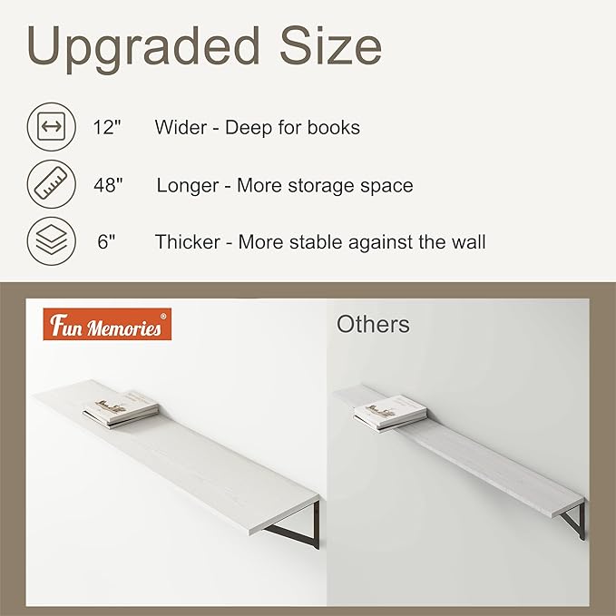 12 Inch Deep Floating Shelves, White Floating Shelves 48W x 12D, Deep Wall Shelves Bracket Set of 2, Large Display Hanging Floating Shelf for Bathroom, Living Room, Wide Storage Wooden Wall Shelf-CasaMuseHome