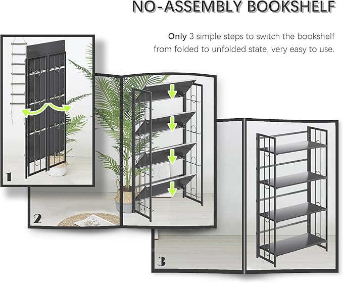 4NM No Assembly 4 Tiers Folding Bookshelf, 47.2" H Foldable Storage Shelves Vintage Bookcase Standing Racks Study Organizer Home Office - All Black-CasaMuseHome