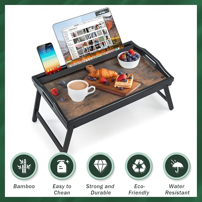 2 Pack Bed Tray Table Breakfast Trays Serving Tray Bamboo Bed Laptap Floding Legs with Handles and Phone Holders-CasaMuseHome