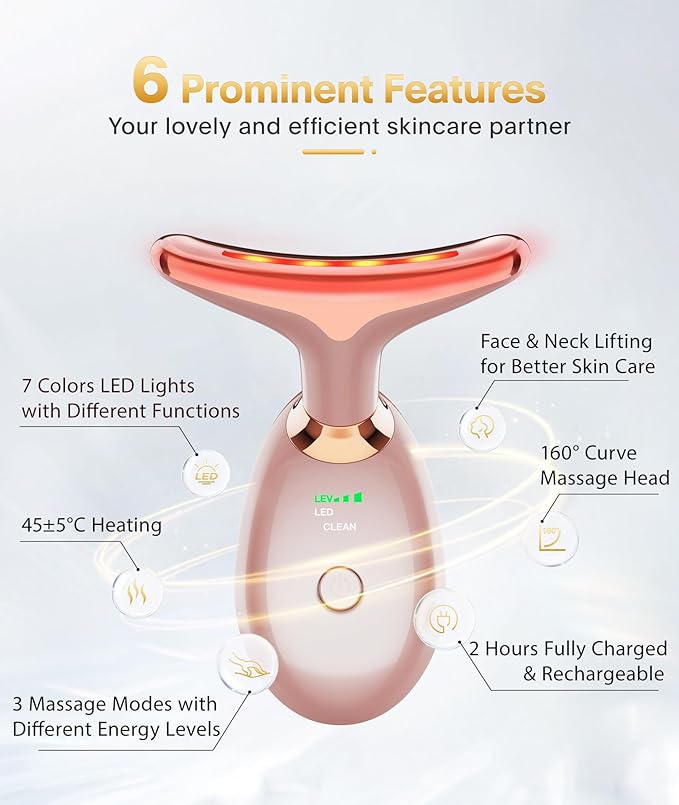 7-in-1 Deplux Face Neck Massager for Daily Skin Care Routine, Portable Facial Massager, Skin Care Tool, Rose Gold-CasaMuseHome