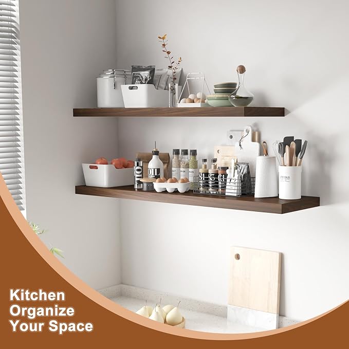 48 Inch Floating Shelf 2 Pack Large Floating Shelves for Wall No Drilling Accessories Included Deep Wall Shelves for Living Room Kitchen Farmhouse 48" W x 12" D x 1.2" Walnut-CasaMuseHome