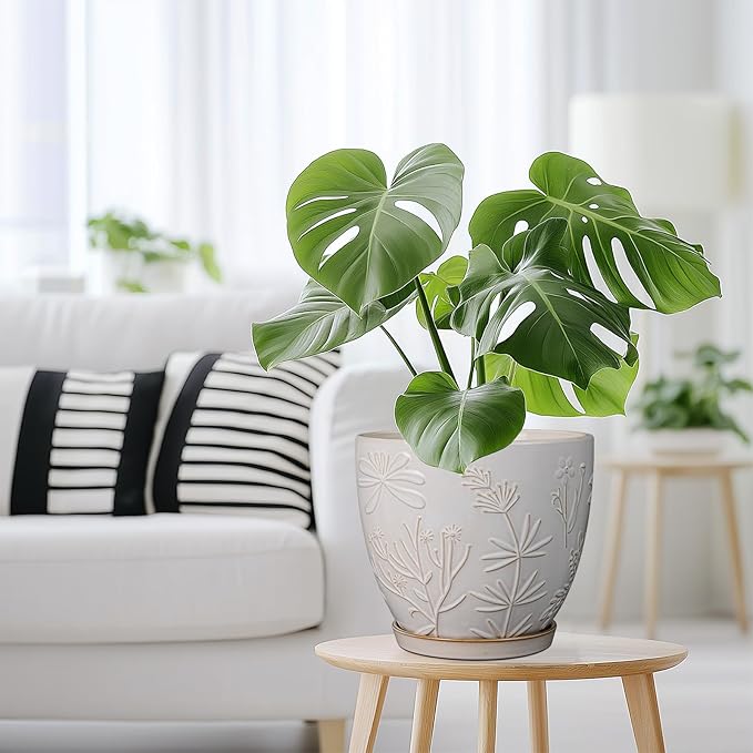 8 Inch Ceramic Pots for Plants Large Planter Pot with Drainage Hole and Saucer Round Flower Pot for Indoor Outdoor Decor, White-CasaMuseHome