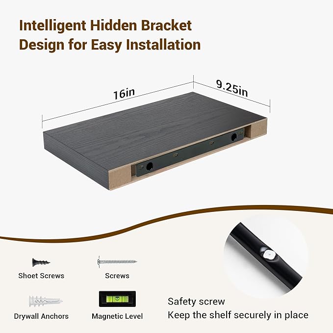 16 Inch Floating Shelves, 16"x9.25"x1.5" Inch Deep Floating Shelves for Wall, Wooden Shelves for Bathroom, Bedroom, Living Room, Black-CasaMuseHome