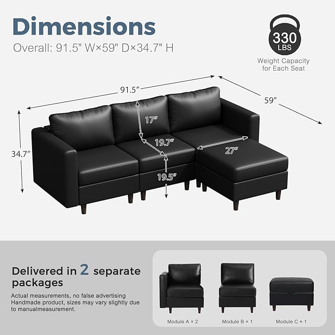 91.5" Faux Leather Modular Sectional Sofa, L Shaped Couch Set for Living Room, 3-Seater Comfy Cloud Couches with Movable Storage Ottoman,DIY Combination - Black-CasaMuseHome