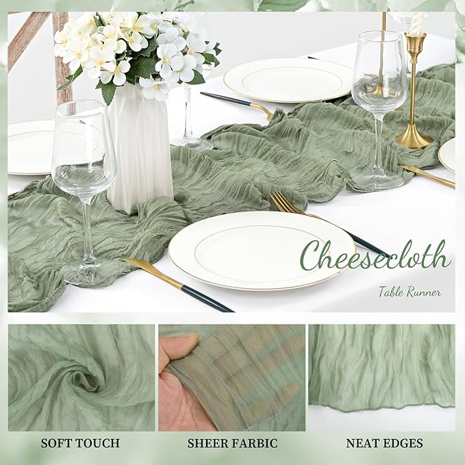 20 Pack Sage Green Cheesecloth Table Runner 10FT Rustic Gauze Fabric Cheese Cloth Table Runner for Wedding Bridal Baby Shower Table Decor 20 x 120 Inch Long Boho Sheer Birthday Party Table Decorations-CasaMuseHome