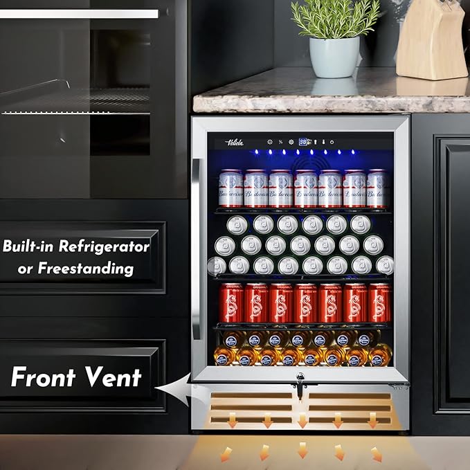 24 Inch Beverage Refrigerator Cooler,210 Cans Wide Beverage and Beer Fridge with Glass Door and Powerful Cooling Compressor, Built-in/Freestanding Drink Fridge for Kitchen, Bar or Office-CasaMuseHome