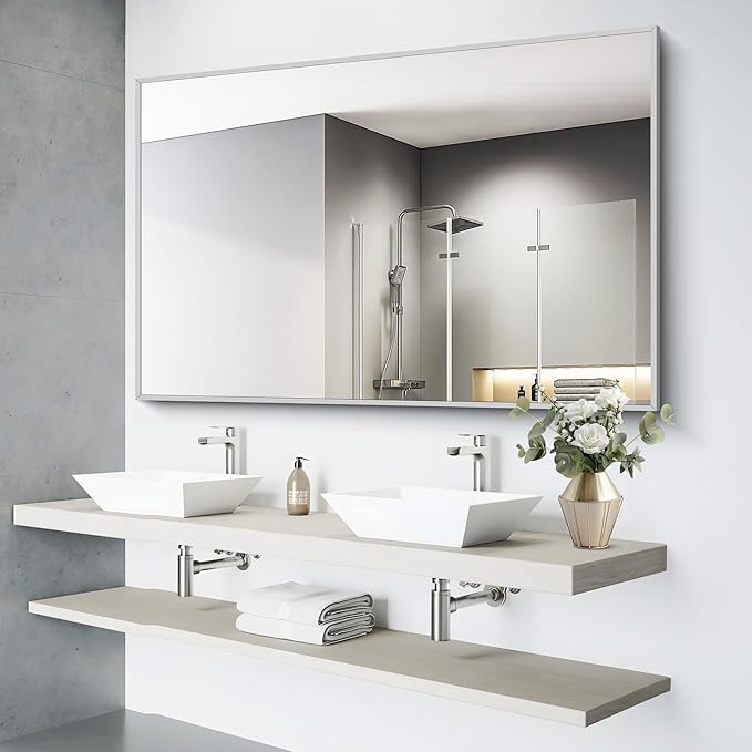 36x55inch Bathroom Mirror, Silver Rectangle Mirror with Thin Metal Frame, Large Rectangular Wall Mirrors for Bathroom, Living Room, Hair Salon, Big Mirror Hang Horizontal/Vertical-CasaMuseHome