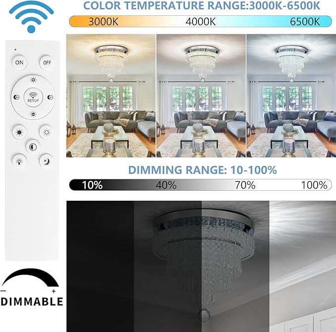 16“ Crystal Chandeliers Round Modern LED Chandelier Light Flush Mount Ceiling Light Fixtures with Remote Control for Bedroom Living Room Dining Room (dimmable)-CasaMuseHome
