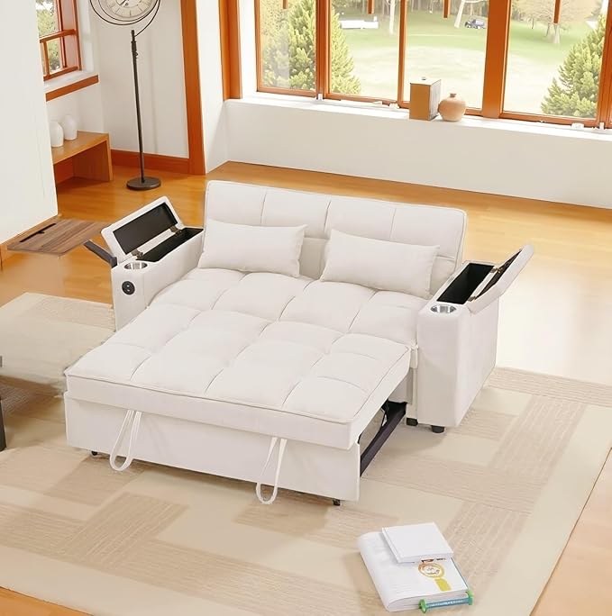 65''Convertible Sleeper Sofa Bed,3-in-1 Pull Out Couch Bed with 360 Degree rotatable Side Table and USB Ports for Living Room,RV (07beige)-CasaMuseHome