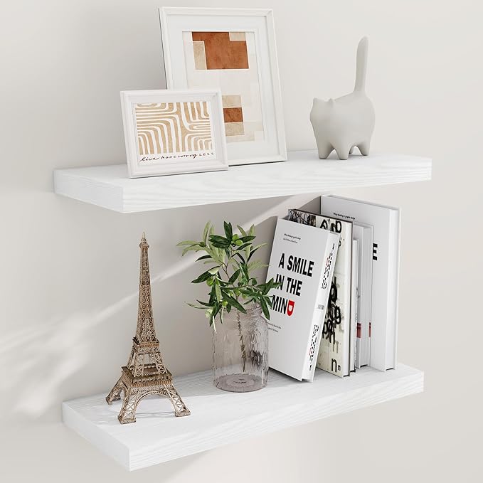 24 Inch Floating Shelves, Rustic 24 x 9 White Floating Shelf for Wall, White Bathroom Shelves Set of 2, Farmhouse Wood Wall Shelf for Bedroom, Kitchen, 9 Inch Deep Shelves for Home Storage-CasaMuseHome