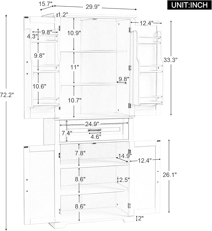 72.2" Tall Storage Cabinet with 4 Doors and Drawer, Freestanding Linen Cabinet, Wooden Pantry with Adjustable Shelf for Kitchen, Bathroom, Living Room, Grey-CasaMuseHome