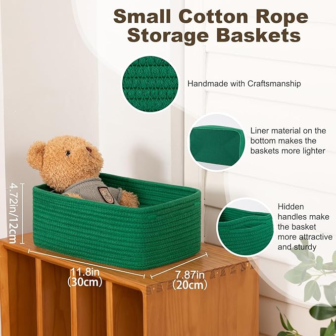 3 Pack Small Storage Baskets for Organizing, Cute Woven Decorative Gift Baskets for Shelves, Mini Closet Organizer Bins with Handles, 11.81''Lx7.87''Wx4.72''H-Green-CasaMuseHome