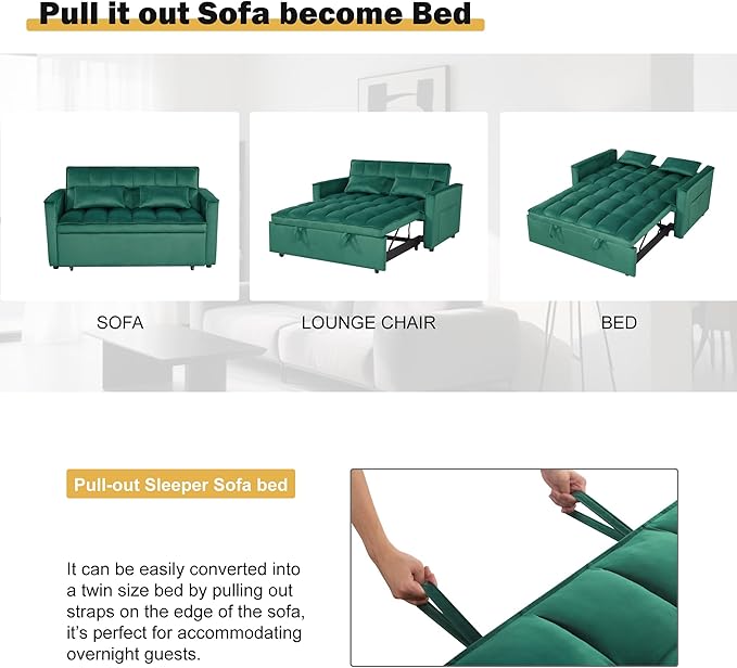 3 in 1 Sleeper Sofa Bed, Futon Sofa Bed for Living Room with Side Pocket, Green Sleepers Sofas Couch with Pullout Beds, Convertible Love Seat Sleepers Couch for Living Room, Bedroom-CasaMuseHome