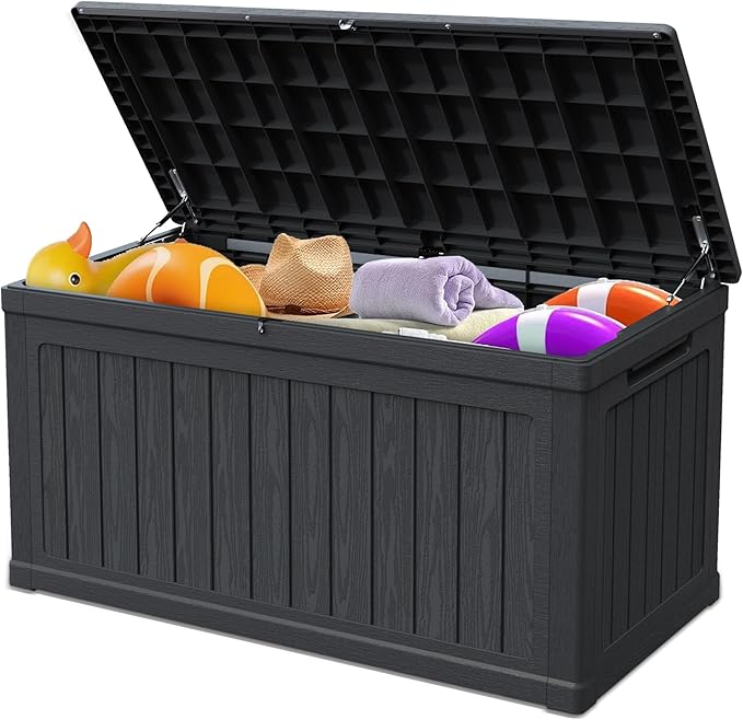 260 Gallon Double-Wall Resin Deck Box - Lockable Waterproof Outdoor Storage Box, 1000lbs Capacity & Doubles as Seating for Patio Furniture - Garden Tools, Pool Accessories (Black)-CasaMuseHome